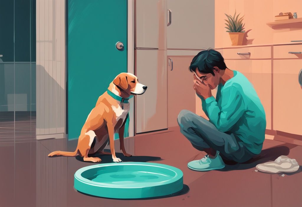 Modern digital painting of a concerned owner watching a sick dog after drinking water, teal color theme.