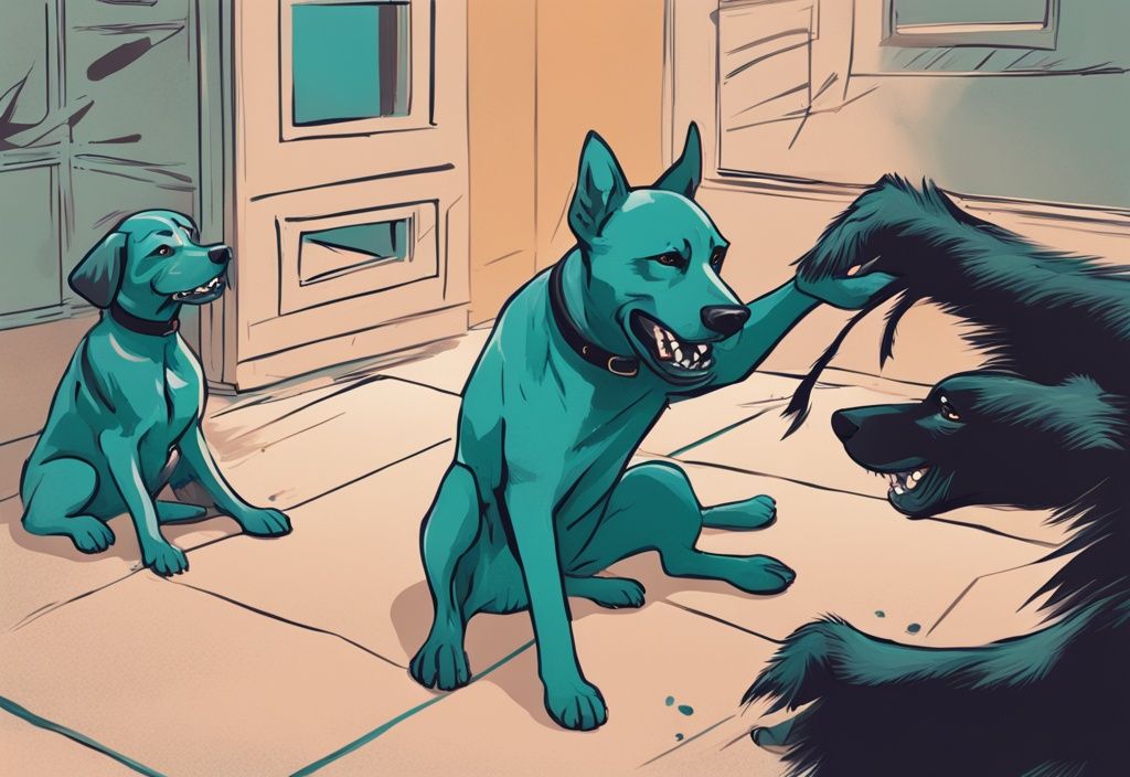 Digital painting of a dog bite incident with a teal color theme, showing a defensive dog baring teeth, another dog recoiling, and an owner calling a vet.