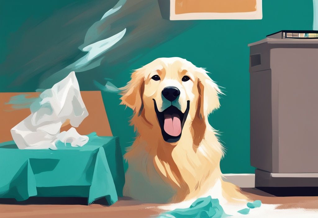 Teal-themed digital painting of a sneezing golden retriever with tissue box and concerned owner in background