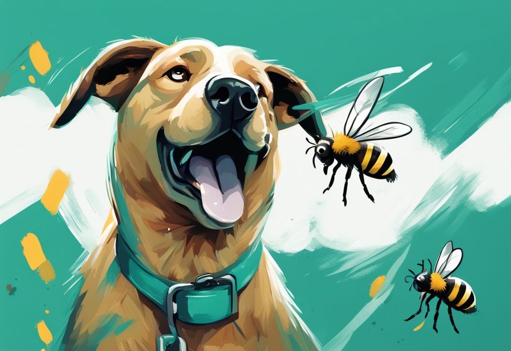 Teal-themed digital painting of a puzzled dog with tongue out and a bee flying from its mouth