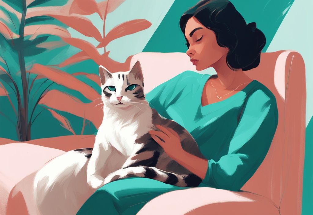 Teal-themed digital painting of a cat cuddling on owner's lap, showing affection by rubbing its head against her hand.