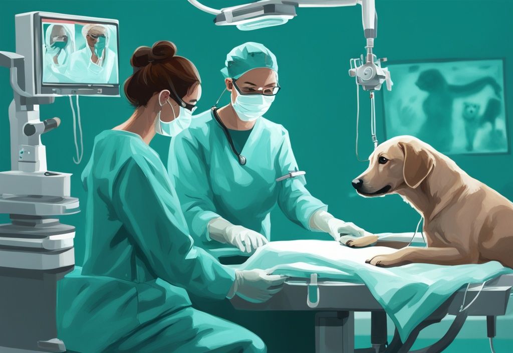 Modern digital painting of a vet performing FHO surgery on a dog in a teal-themed operating room.