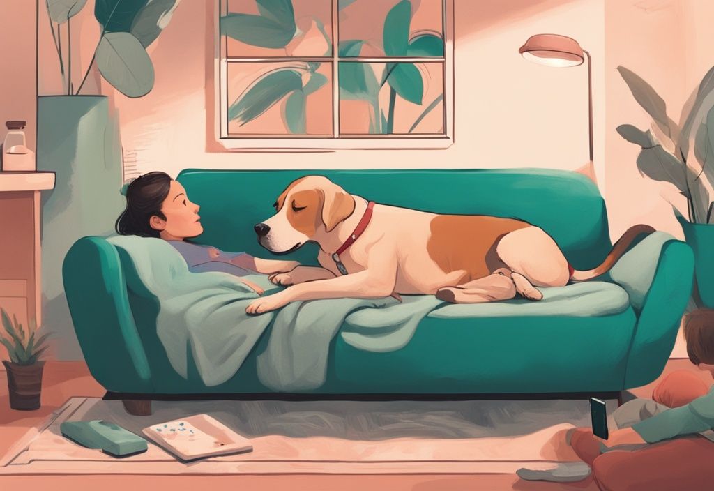 Modern digital painting of a dog on an orthopedic bed with a pet owner administering medication, illustrating how to heal dog urethral prolapse at home, featuring a teal color theme.