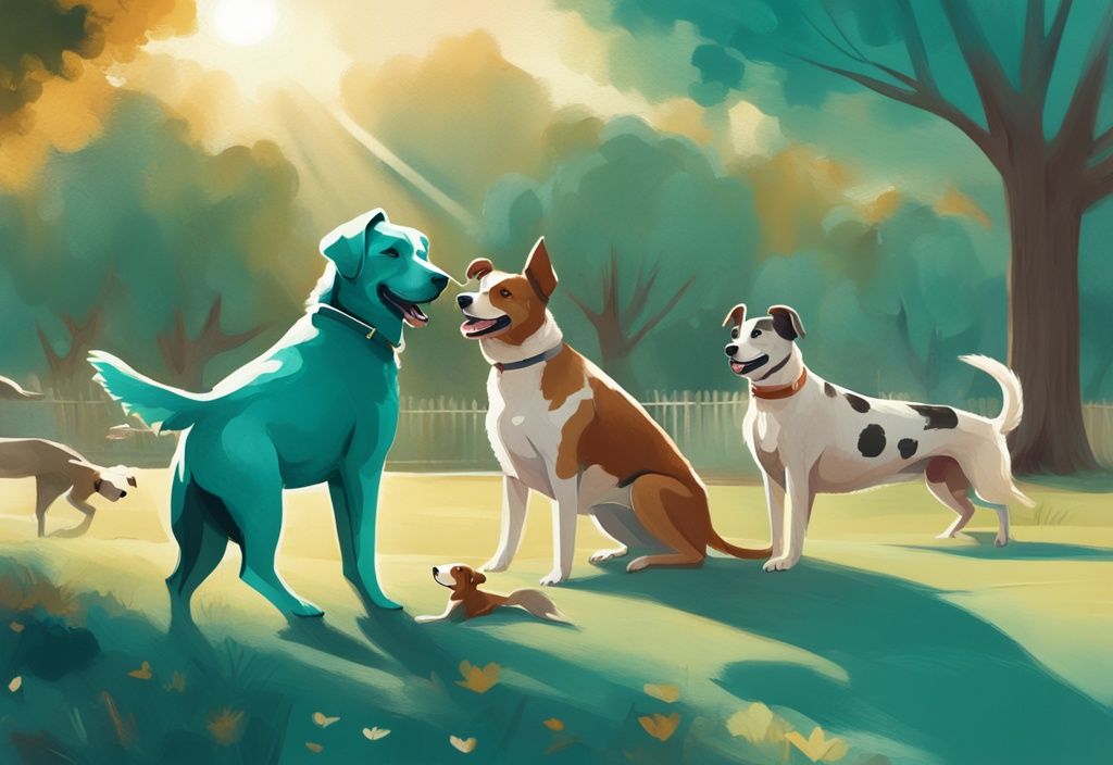 Modern digital painting of diverse rescue dogs playing in a sunlit park, teal color theme, celebrating National Rescue Dog Day.