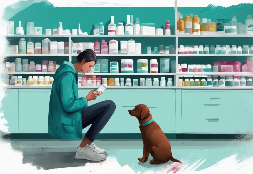 Modern digital painting of a distressed pet owner reading medication label with sleeping dog in teal theme.