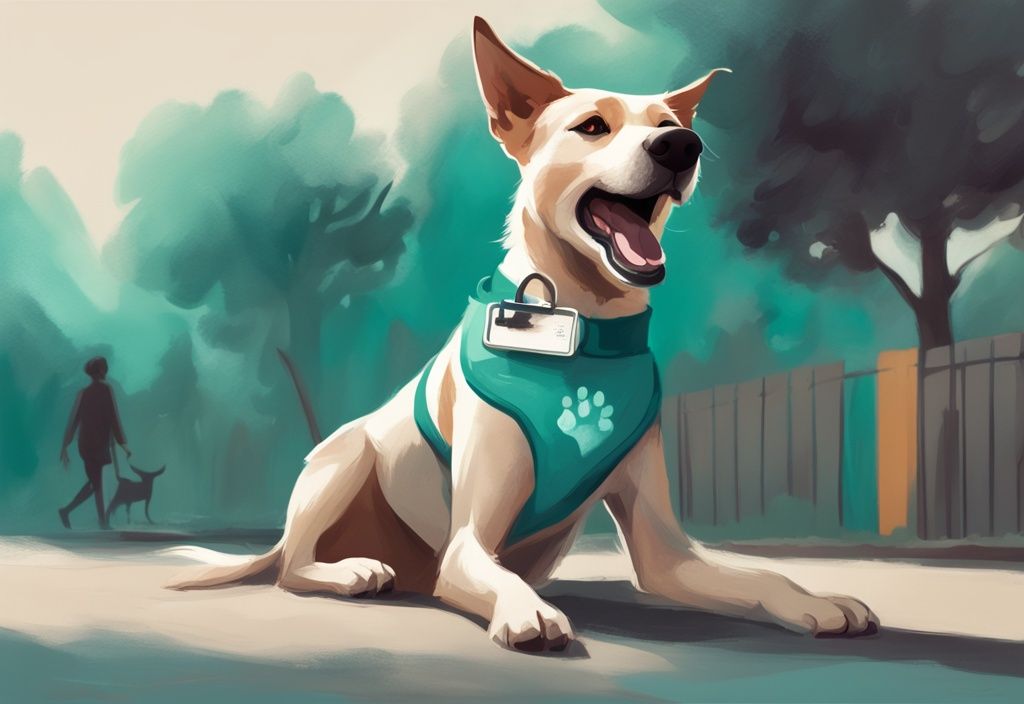 Teal-themed digital painting of a happy, healthy dog playing outdoors with a visible veterinary tag indicating recent vaccination.