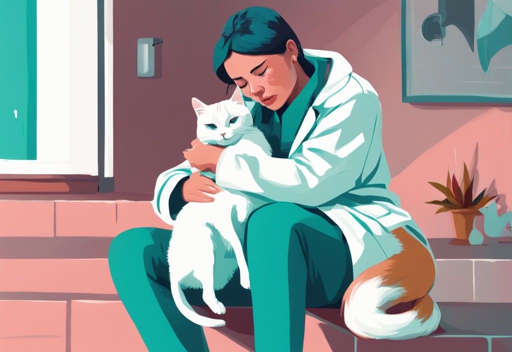 Worried pet owner holding a cat with a vet in a white coat explaining and comforting, digital painting in teal theme.