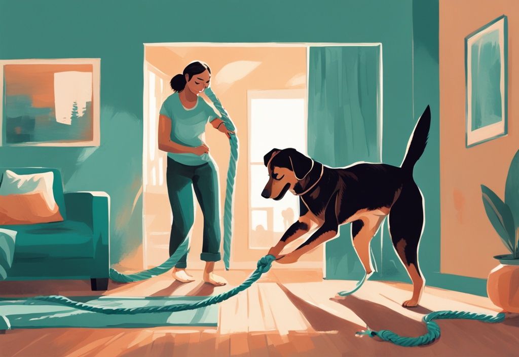 Teal-themed digital painting of a dog playing tug-of-war with its owner in a living room, illustrating how to tire a dog out without walking.