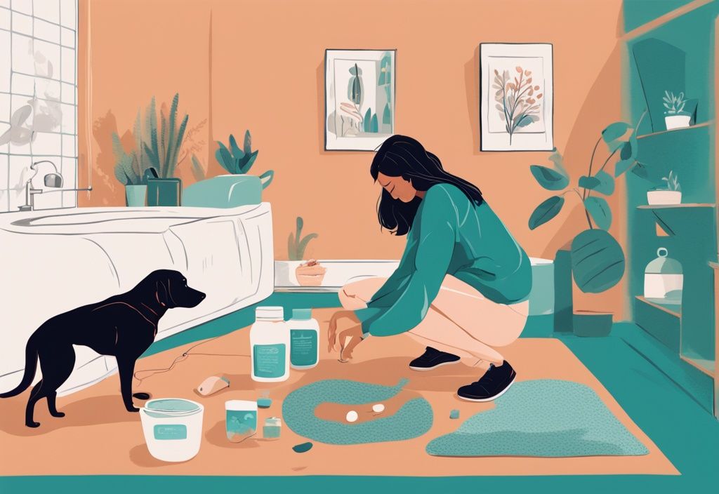 Modern digital painting of a person helping a strained pet dog with natural remedies for constipation, illustrating how to make a constipated dog poop, with a teal color theme.