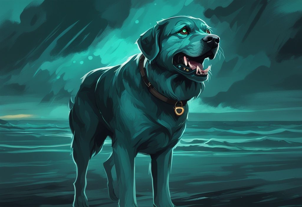 Modern digital painting of a menacing large breed dog with glowing eyes and snarling teeth against a dark stormy background, teal color theme.