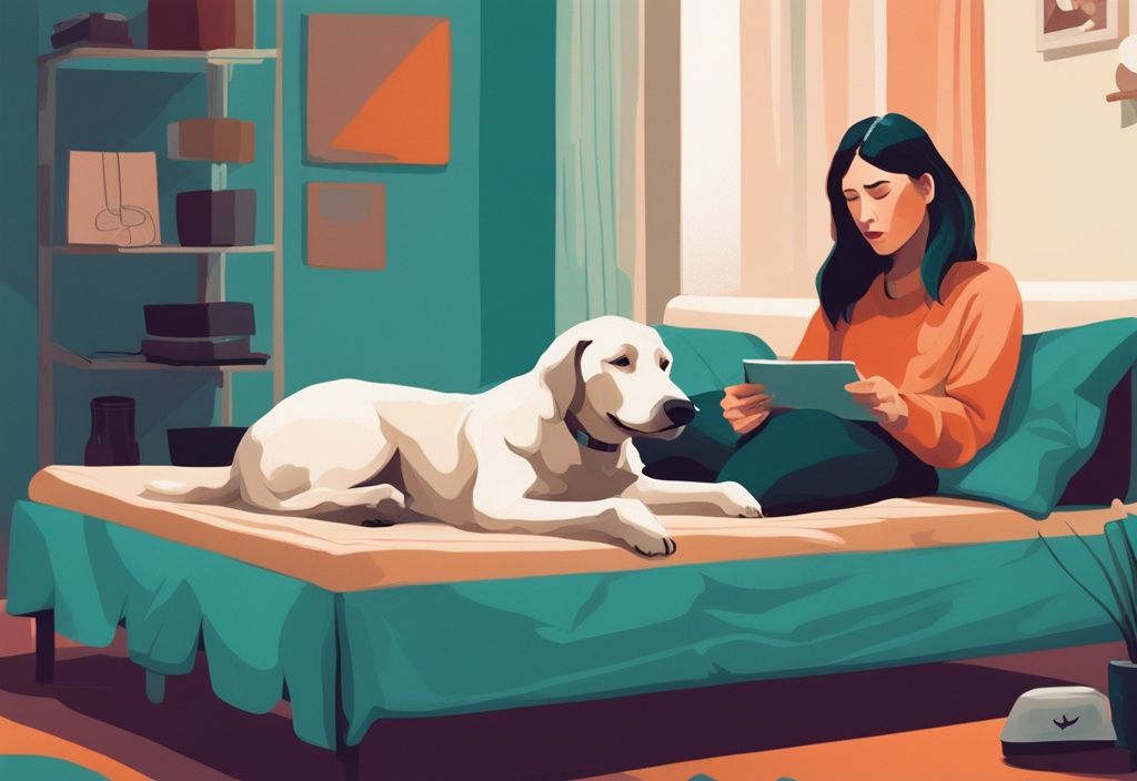 Teal-themed digital painting of a dog on an orthopedic bed with an owner administering medication, illustrating how to heal dog urethral prolapse at home.