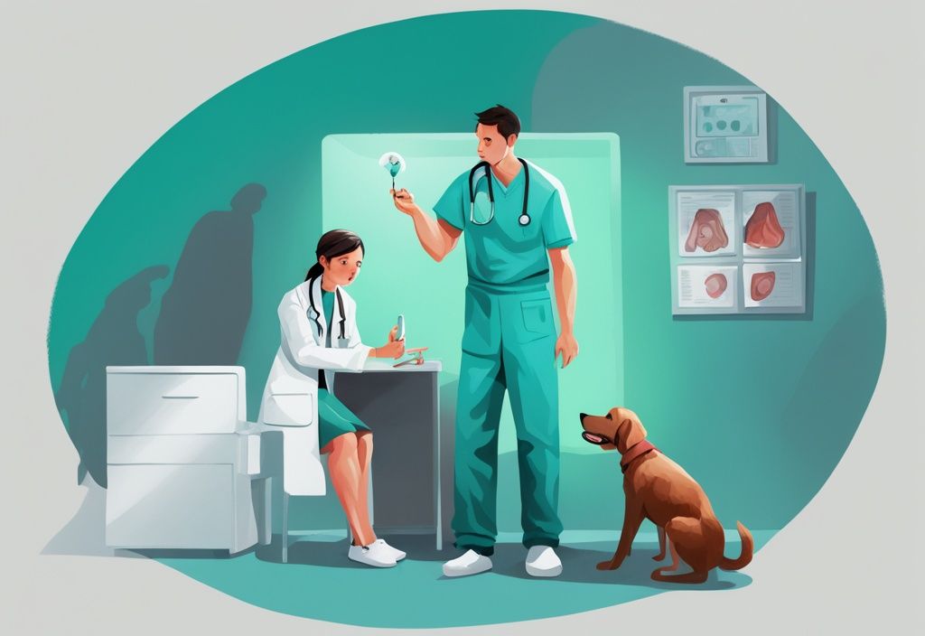 Teal-themed digital painting of a concerned dog owner, chewed toy, and vet showing X-ray of intestinal blockage.