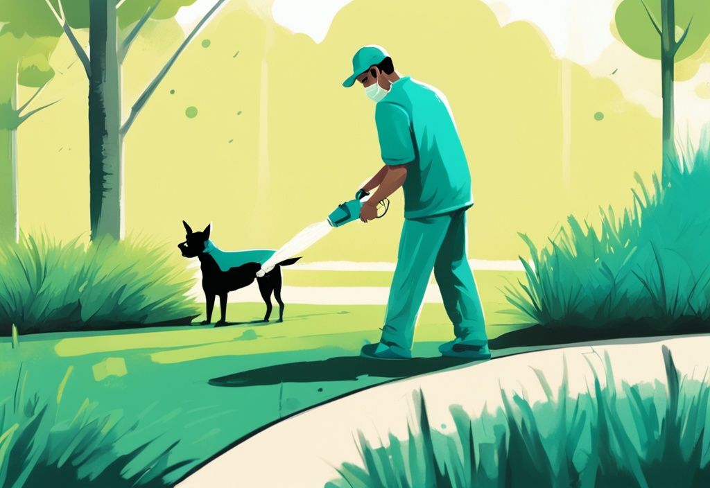 Digital painting of person using sprayer to clean dog urine on grass, teal color theme