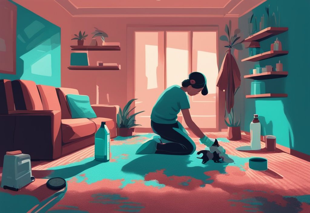 Modern digital painting of a person scrubbing a carpet to demonstrate how to get dog smell out of a carpet, with a lounging dog and carpet cleaner bottle in the scene, featuring a teal color theme.