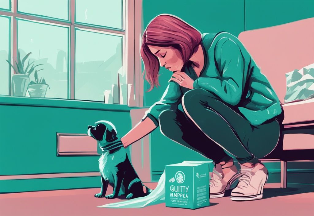 Modern digital painting of a concerned pet owner with empty tampon packaging and a guilty dog, teal color theme.