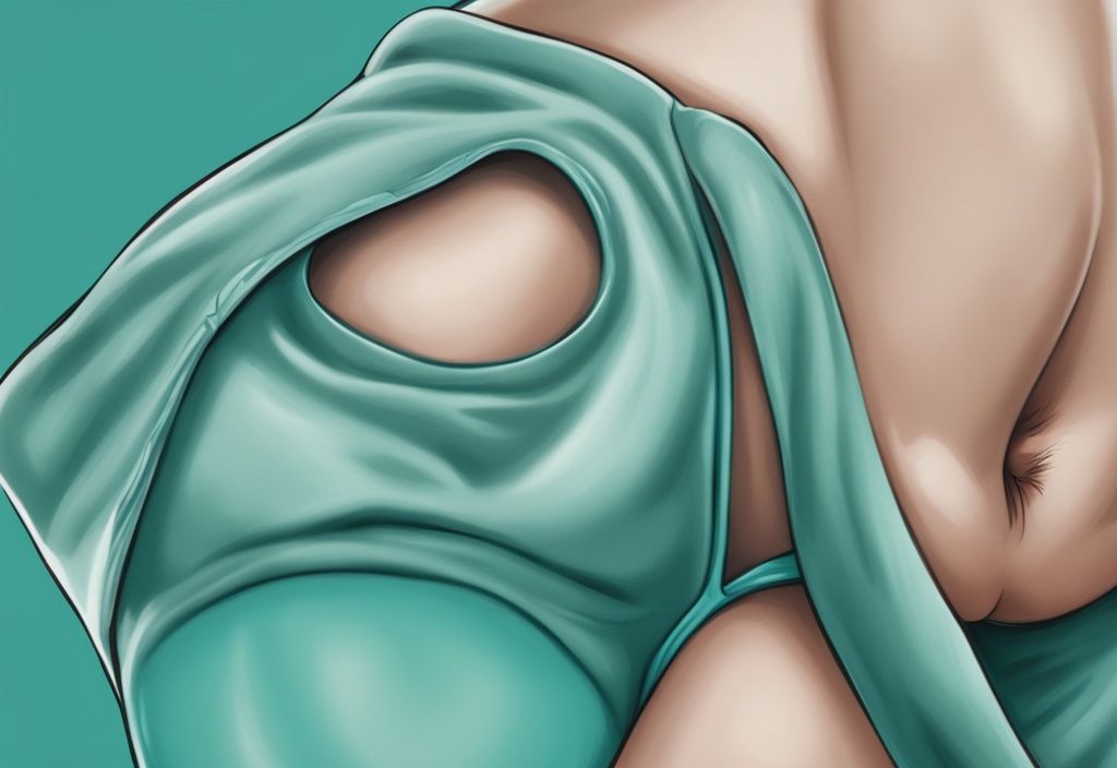 Modern digital painting of post-tummy tuck recovery with teal theme, highlighting side bulges known as dog ears.