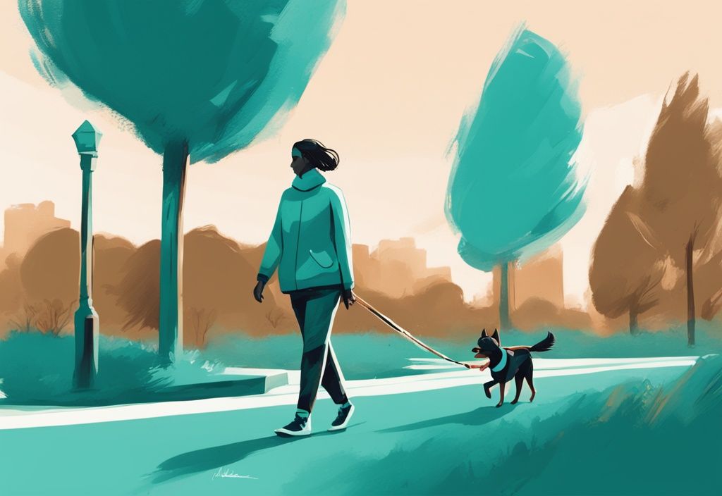 Illustration of a person walking a dog in a park, showcasing how to make a dog poop quickly, with the dog in a pooping position, set against a modern teal color theme.