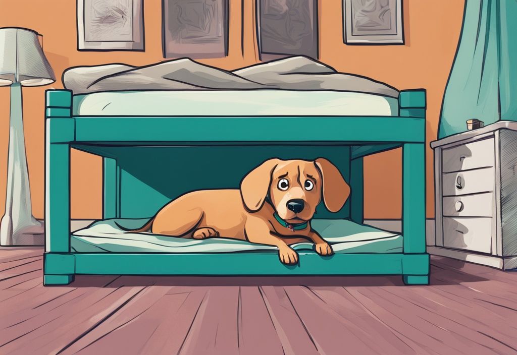 Digital painting of a nervous dog peering from under a bed, expressing anxiety, with a teal color theme.