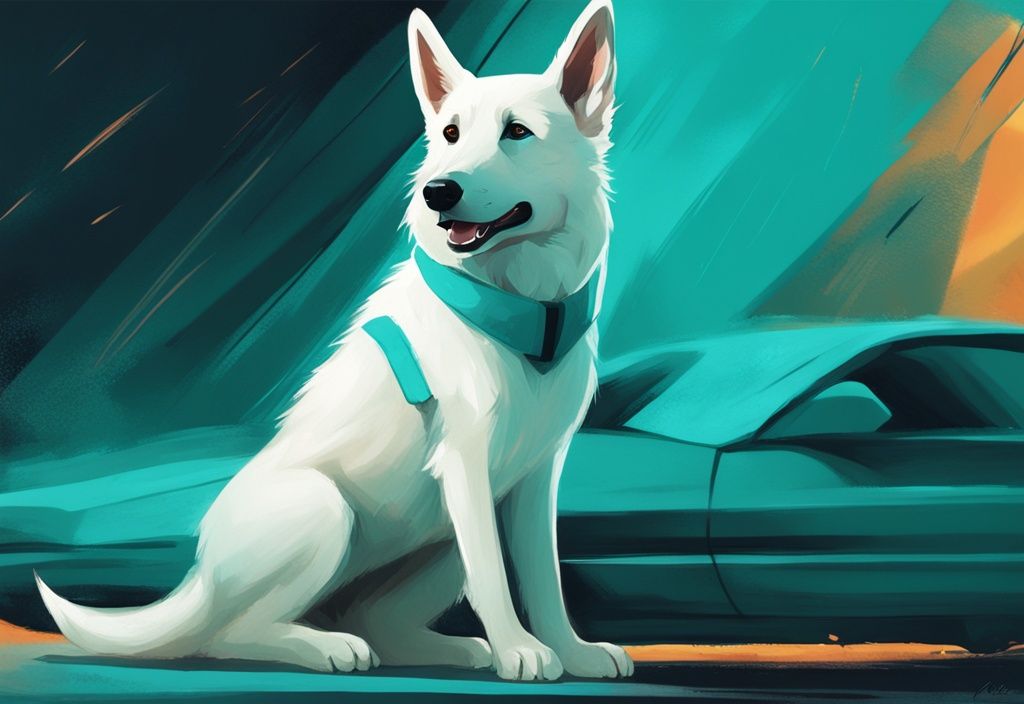 Modern digital painting of Bolt, the animated white German Shepherd Dog, in a courageous pose with a teal color theme.