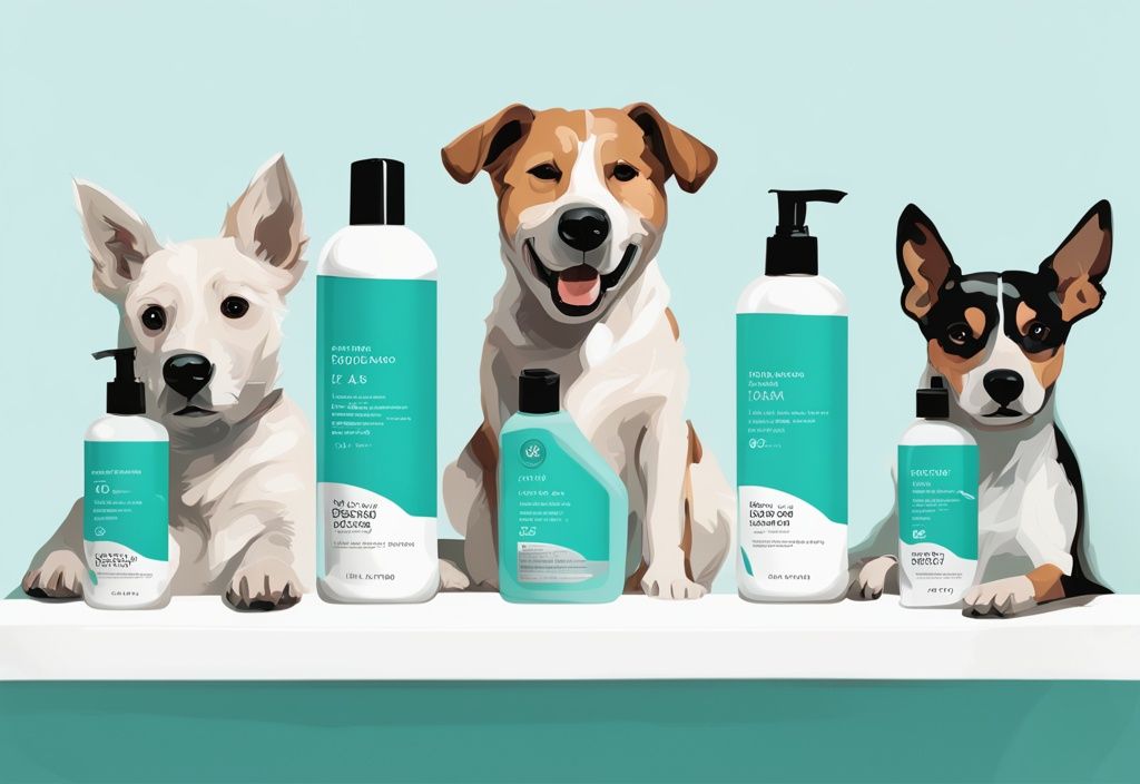 A digital painting of five teal-themed antifungal dog shampoo bottles labeled 1 to 5, arranged in an arc on a white background with a happy, clean dog sitting nearby.