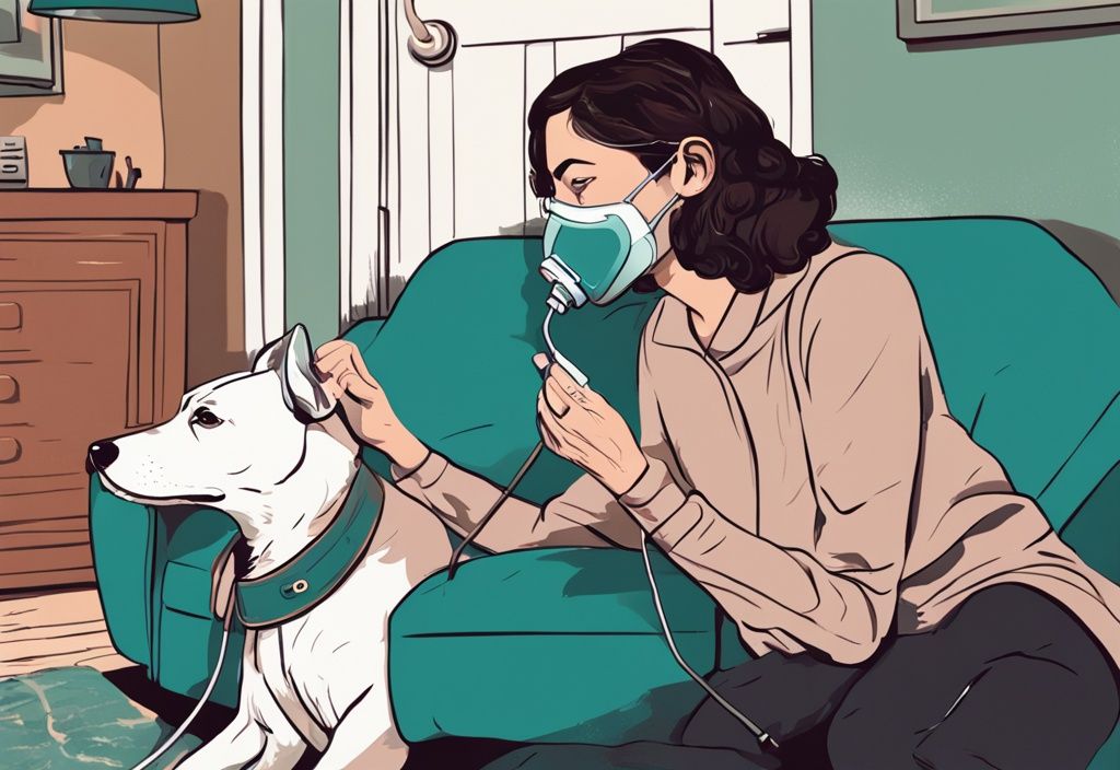 Concerned pet owner placing oxygen mask on relaxed dog in teal-themed modern digital painting illustration.