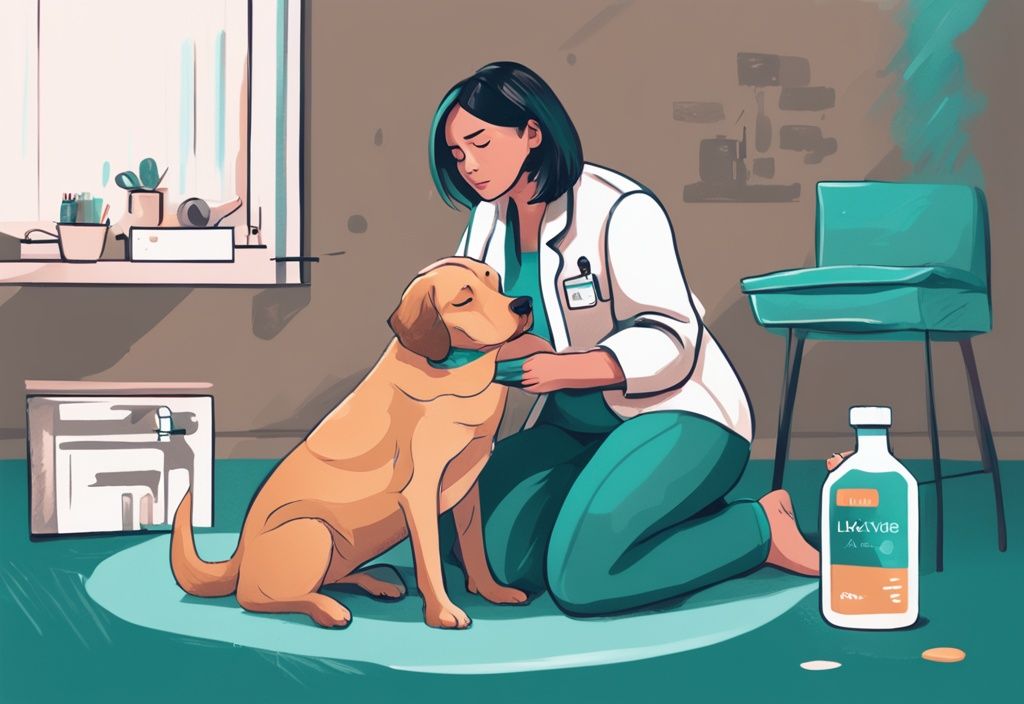 Concerned pet owner massaging dog's stomach with teal theme, dog-friendly laxative bottle, and vet consultation guideline in background.