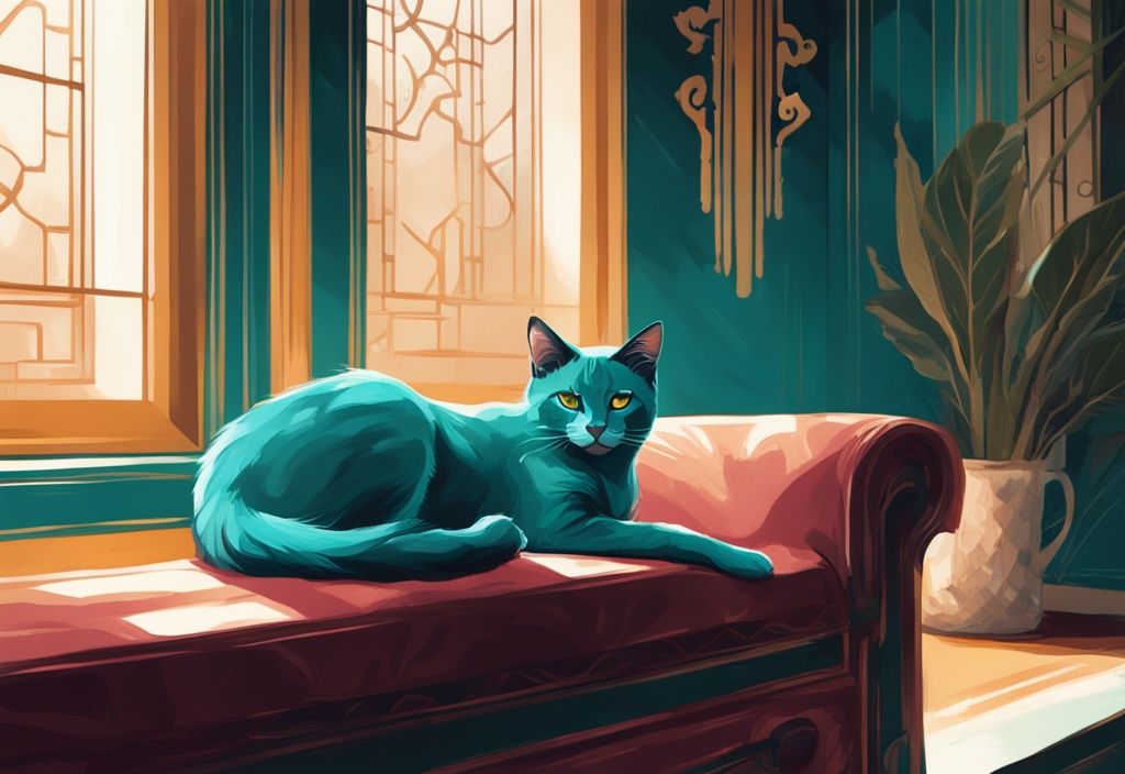 Close-up of a majestic Ashera cat, identified as what is the most rare cat, prowling in a luxurious indoor setting with a modern digital painting style and teal color theme.