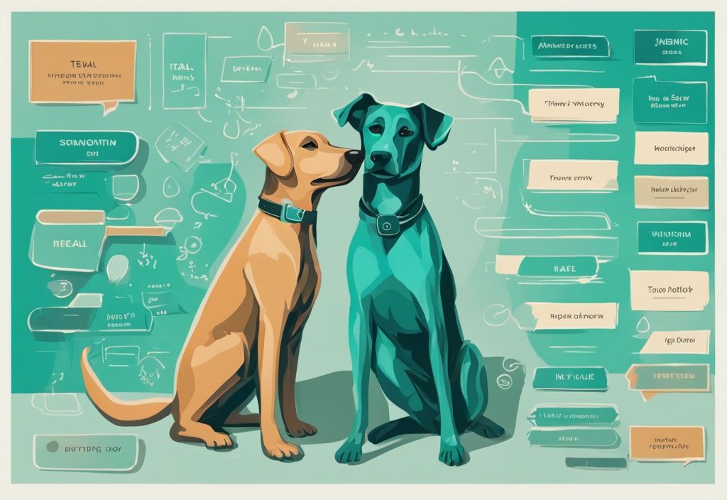 Modern digital painting of a male and female dog with teal color theme, labeled with respective terminology.