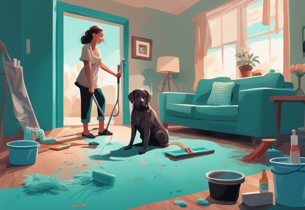 Modern digital painting of a frustrated homeowner with cleaning products and a guilty dog near a small carpet mess, illustrating how to clean up dog puke in a teal color theme.