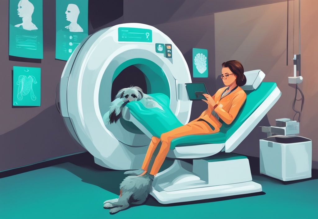 Veterinarian examining dog on CT scan machine with teal color theme and price tag icon indicating cost