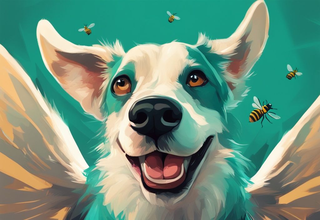 Digital painting of a puzzled dog with tongue out, teal color theme, bee flying from mouth.