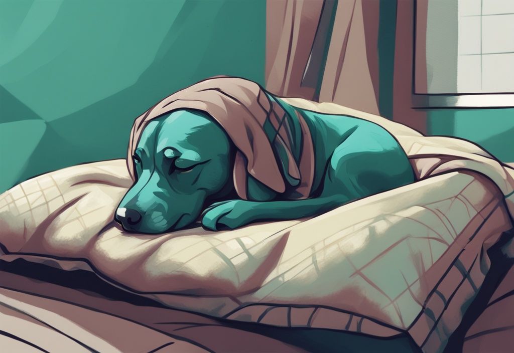 A modern digital painting of a visibly ill dog with liver failure being comforted by a person, illustrating the emotional decision of when to euthanize a dog with liver failure, with a teal color theme.