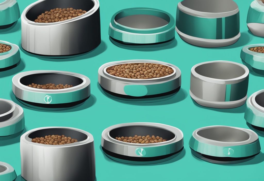 Modern digital painting of ten raised dog bowls in teal theme, arranged in two rows, each filled with diverse, high-quality dog food.