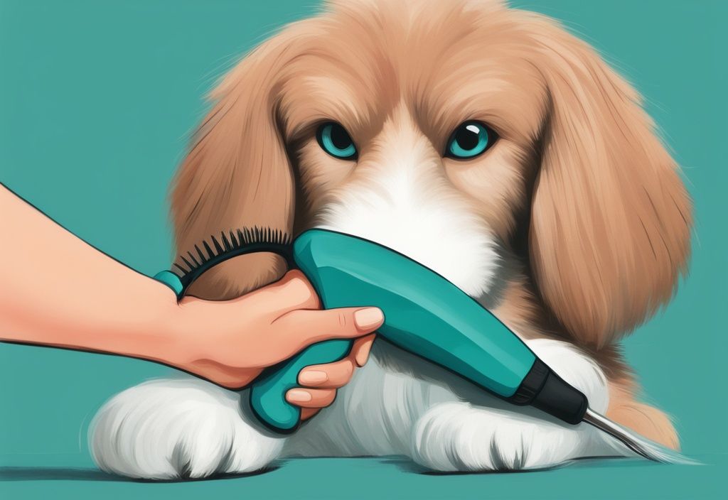 Person using deshedding tool on medium-sized dog with teal-themed digital painting background