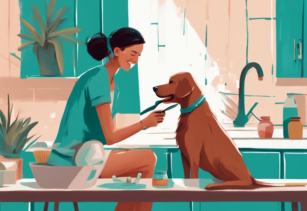 Teal-themed digital painting of a dog being combed by its owner with a homemade remedy nearby