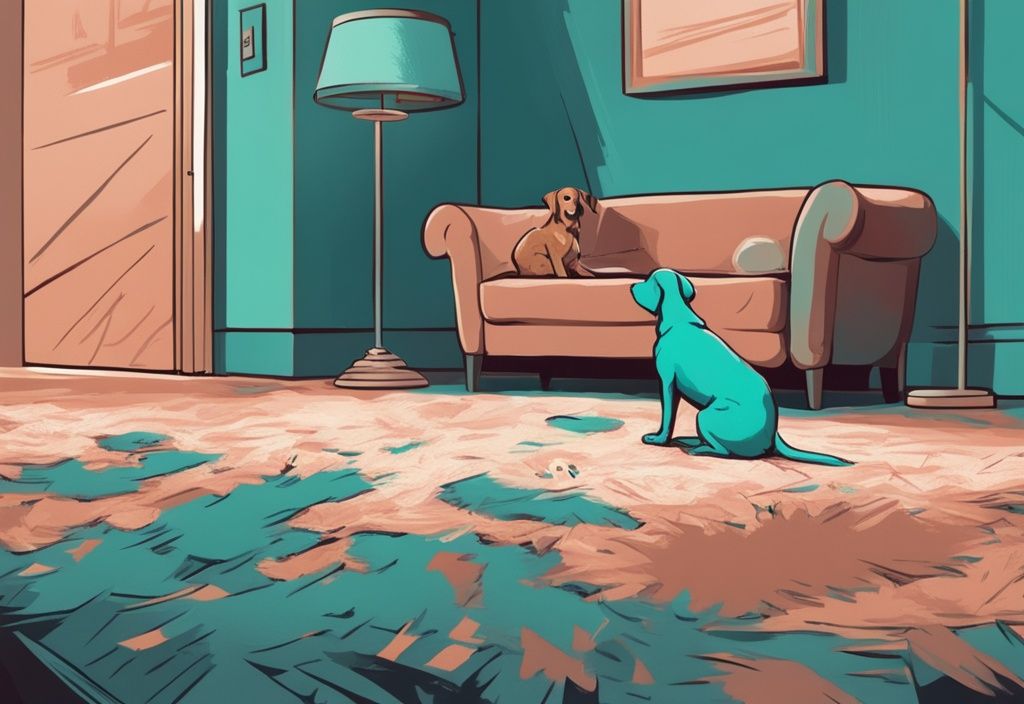 Teal-themed digital painting of a confused dog scratching carpet with puzzled owner observing