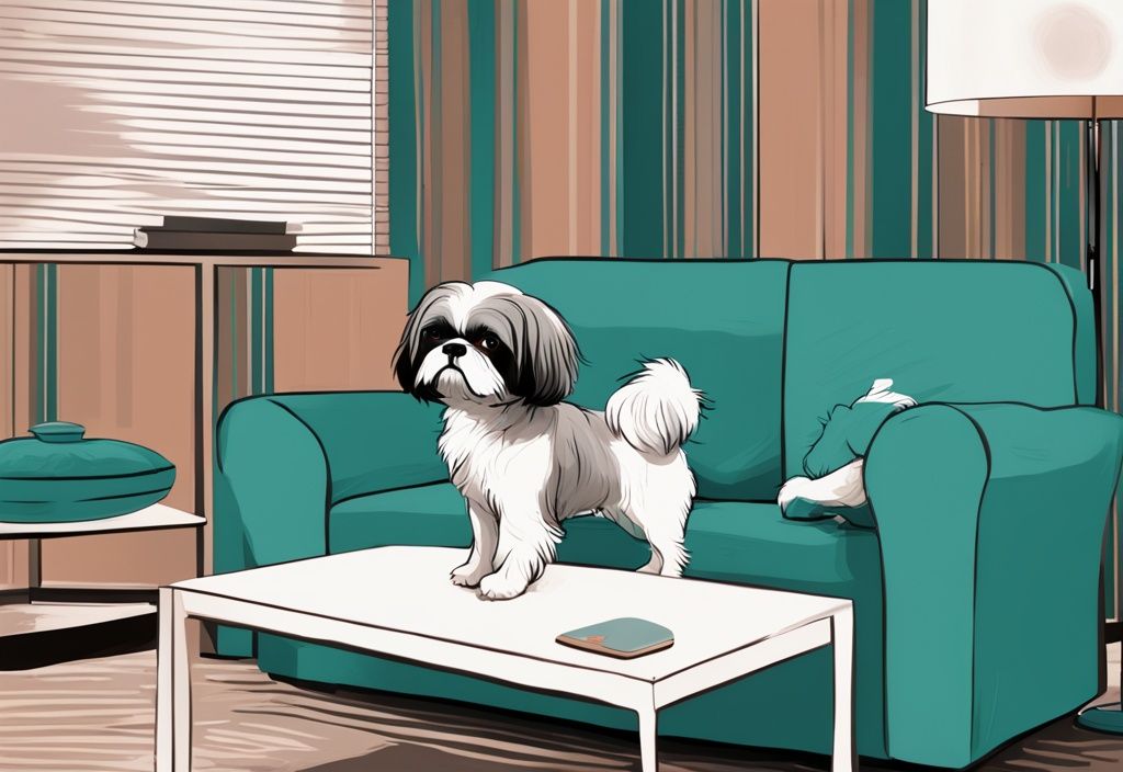 Digital painting of a Shih Tzu showing negative behaviors like chewing furniture, excessive barking, and disobedience in a teal-themed household setting.