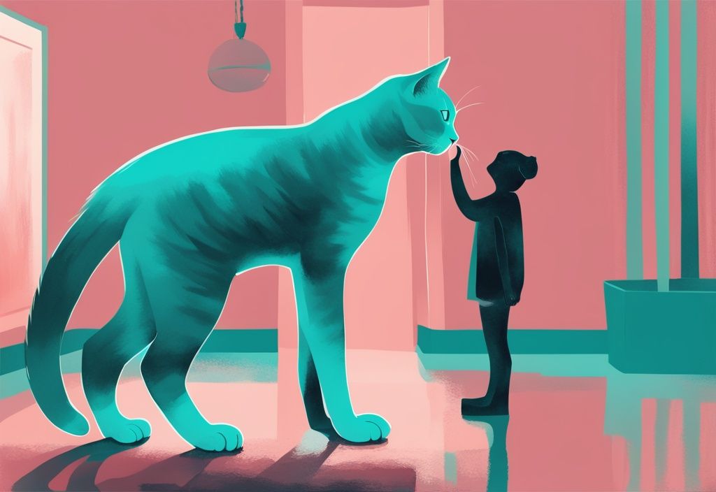 Modern digital painting of a teal-themed relaxed cat standing on hind legs, gently stroked by a human hand.