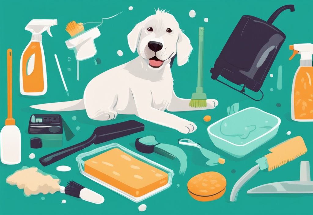 Modern digital painting of cleaning supplies on carpet with playful dog, featuring teal theme, brush, baking soda, vinegar, vacuum.