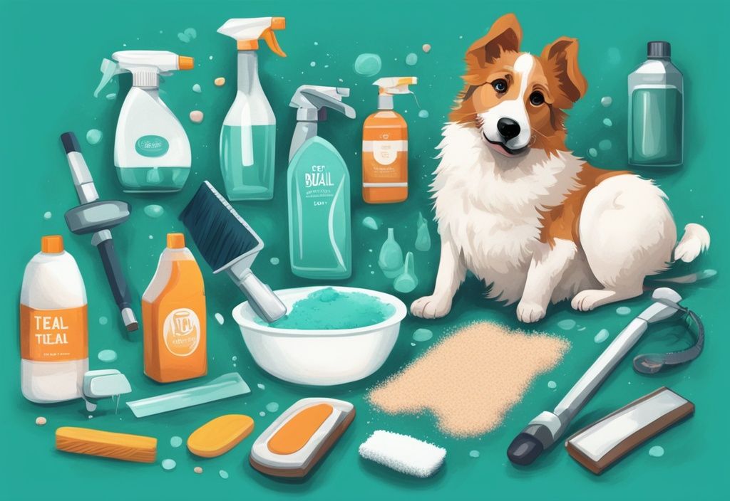 Digital painting of cleaning supplies on teal-themed carpet with playful dog nearby.