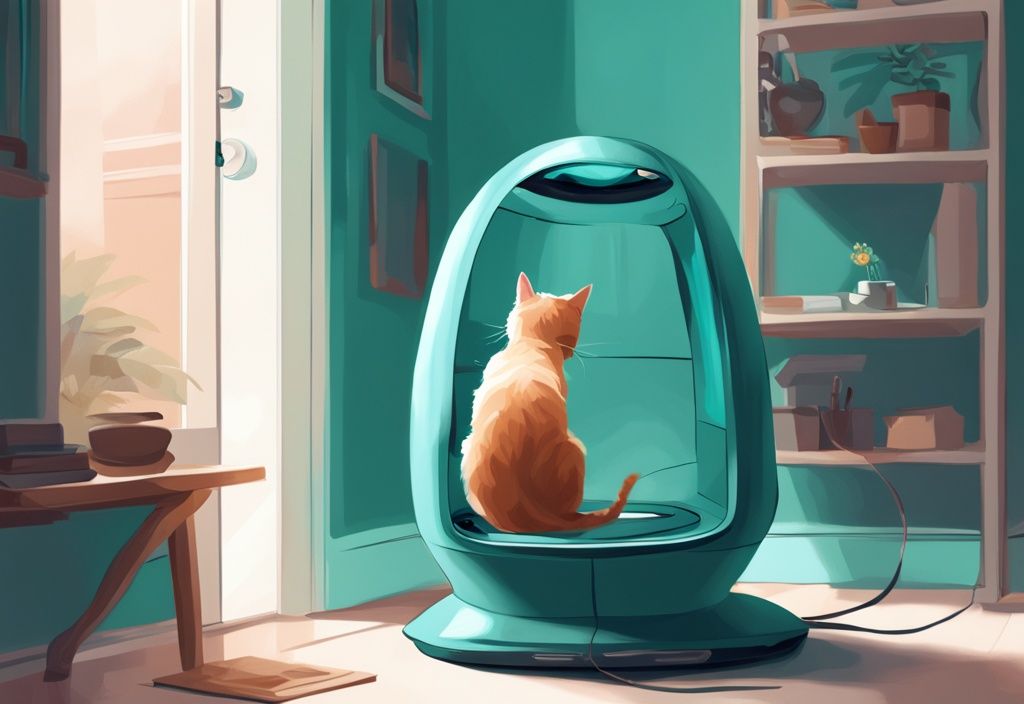 Curious cat exploring modern teal litter robot with human guidance in digital painting illustration