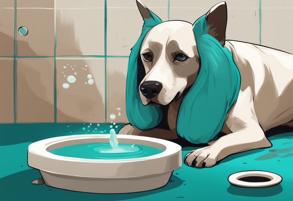 Modern digital painting of a teal-themed dog lying beside an empty water bowl with a flipping sand timer in the background.