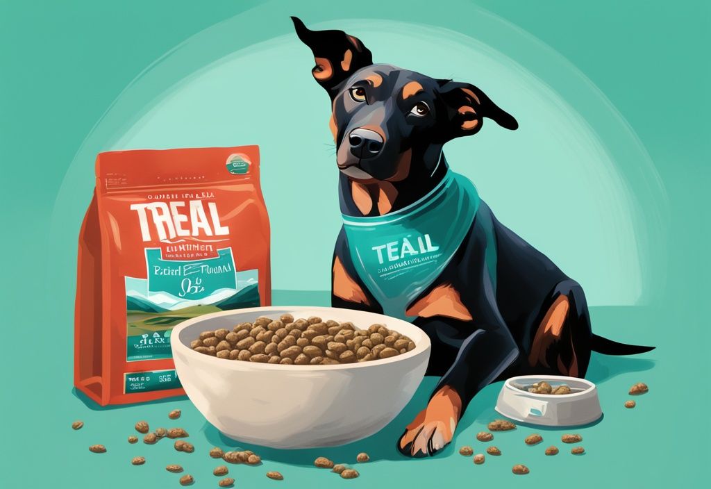 Modern digital painting of a dog eating from a bowl of Badlands Ranch dog food with package displayed, ideal for Badlands Ranch dog food review.