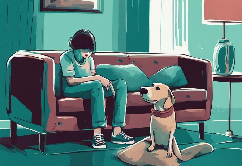 Curious dog licking couch as puzzled owner watches, digital painting in teal theme.