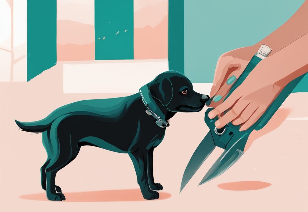 A modern digital painting of a hand trimming a black dog's nails using a specialized tool, illustrating how to cut dog nails that are black, with a teal color theme.