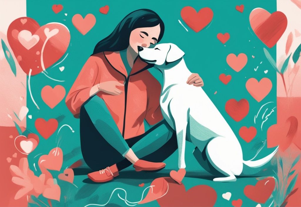 Modern digital painting of a person hugging a joyful dog with teal color theme and illustrated hearts.