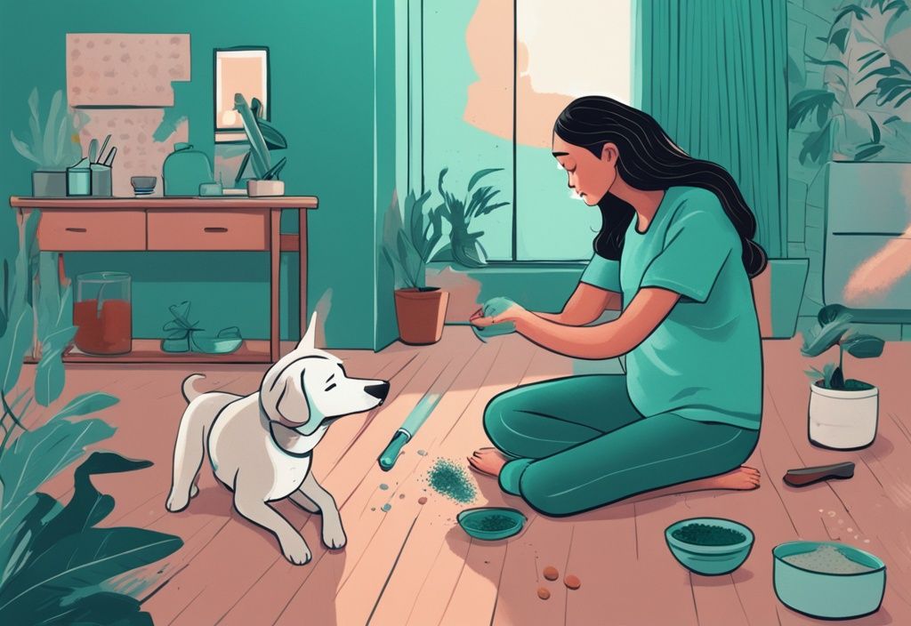 Modern digital painting of a person helping a strained dog with natural remedies in the foreground, illustrating how to make a constipated dog poop, with a teal color theme.