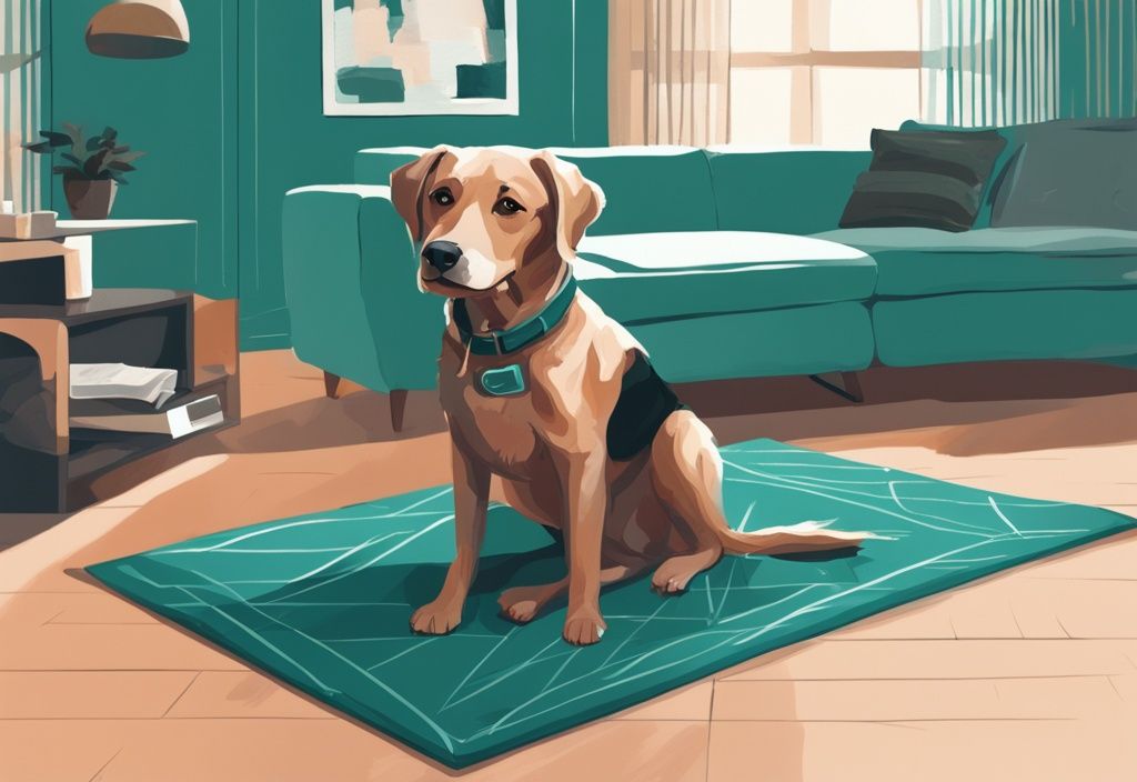 Modern digital painting of a well-behaved dog on a mat in a stylish apartment, illustrating how to have a dog in an apartment with a peaceful, teal-themed setting.