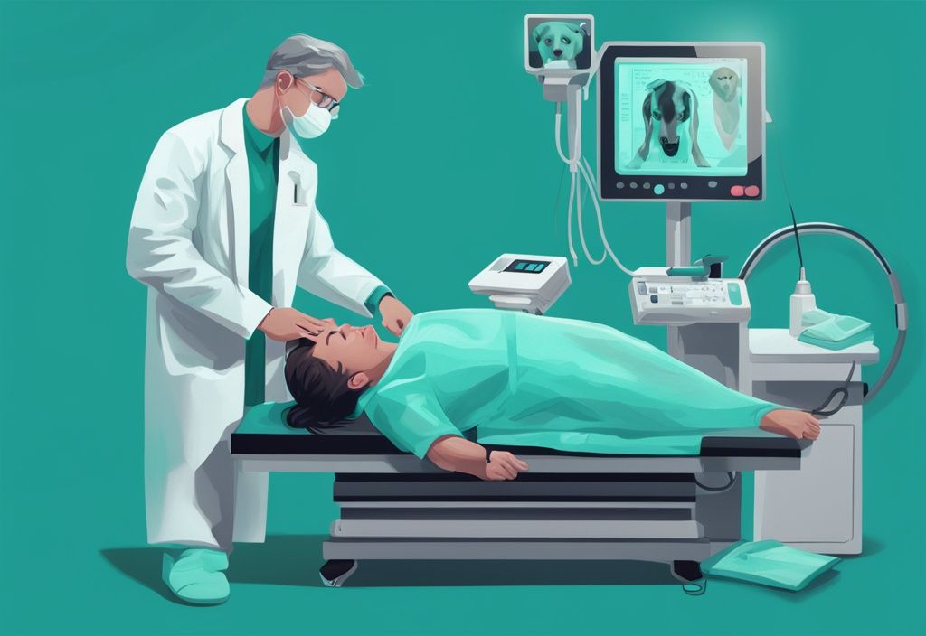 Veterinarian examining dog on CT scan machine with cost icon, digital painting in teal theme