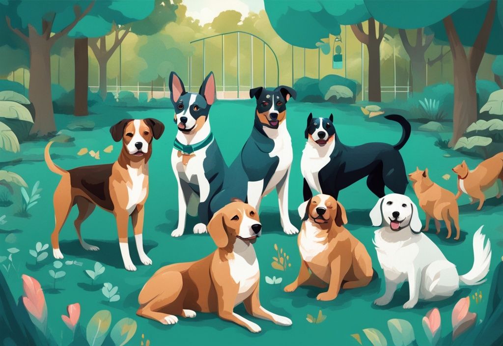 Digital painting of various dog breeds in a teal-themed park setting.